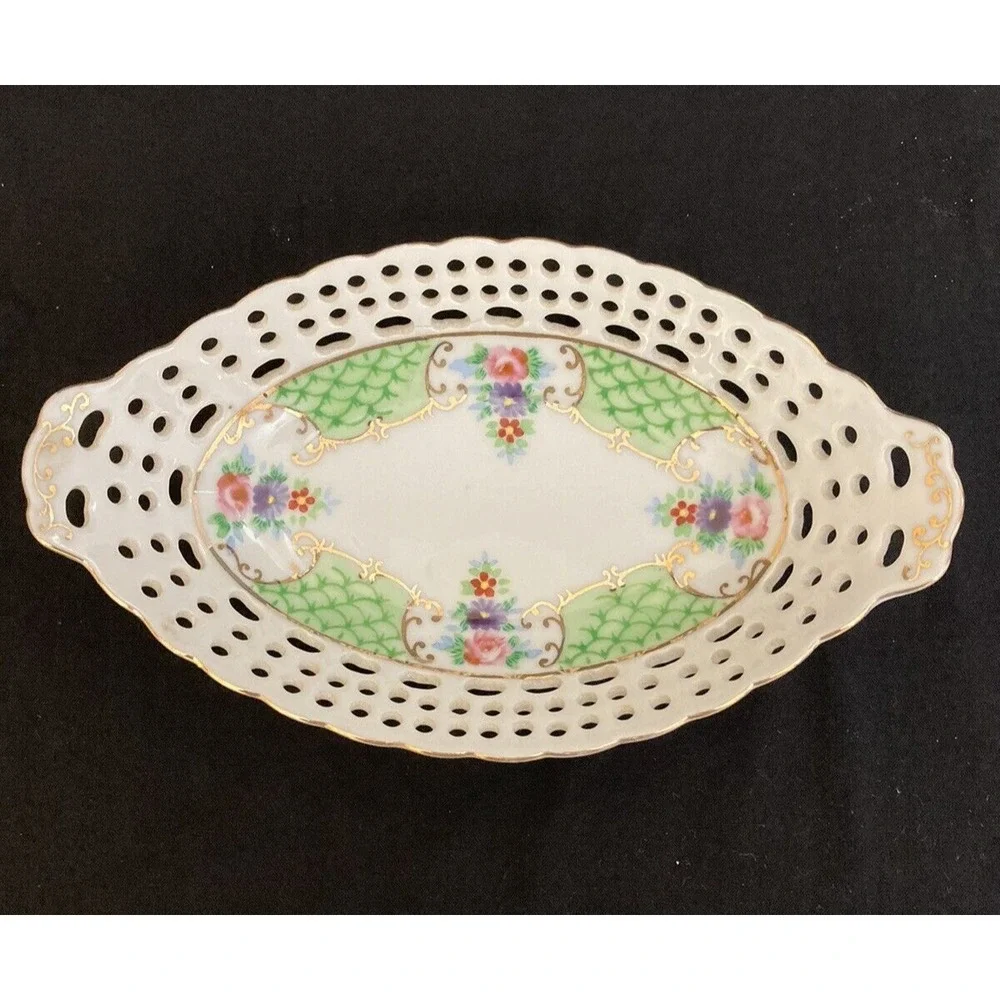 Vtg Porcelain Pastry Bowl Trinket Dish Floral Gilded Reticulated Oval‎ Japan